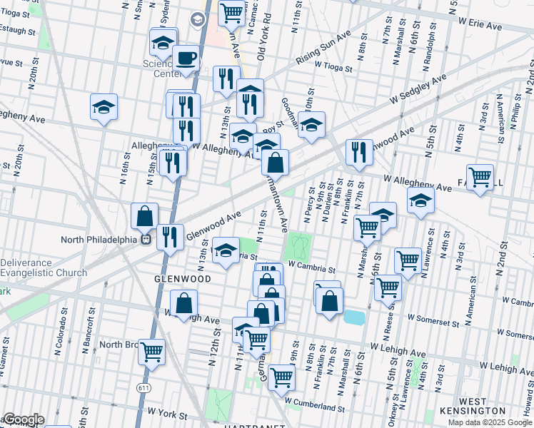 map of restaurants, bars, coffee shops, grocery stores, and more near 3023 North 11th Street in Philadelphia