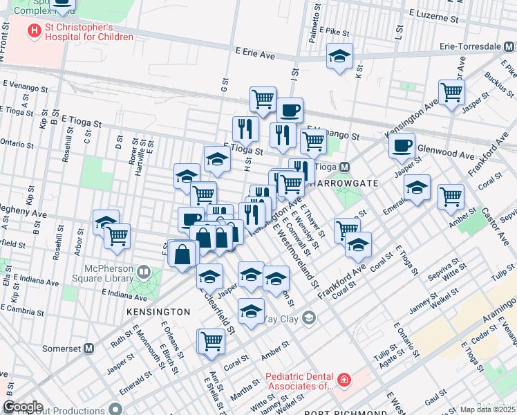 map of restaurants, bars, coffee shops, grocery stores, and more near 3319 Argyle Street in Philadelphia