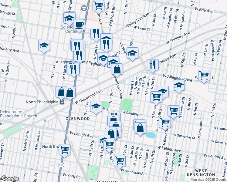 map of restaurants, bars, coffee shops, grocery stores, and more near 3023 North 11th Street in Philadelphia