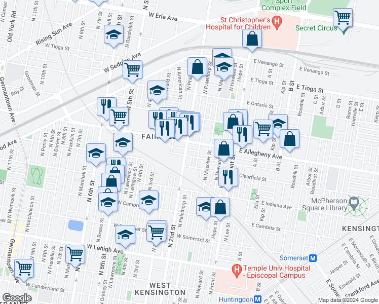 map of restaurants, bars, coffee shops, grocery stores, and more near 190 West Wishart Street in Philadelphia