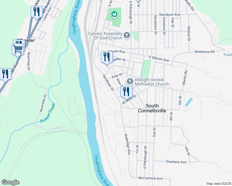 map of restaurants, bars, coffee shops, grocery stores, and more near 1620 Hyndman Street in Connellsville