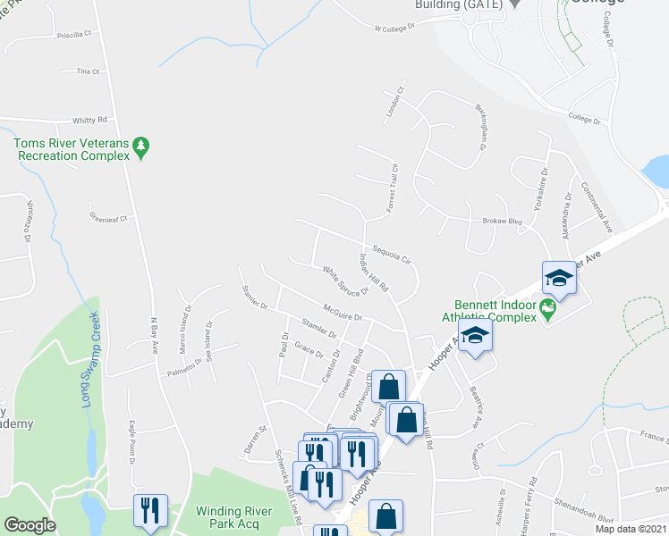map of restaurants, bars, coffee shops, grocery stores, and more near 1416 White Spruce Drive in Toms River