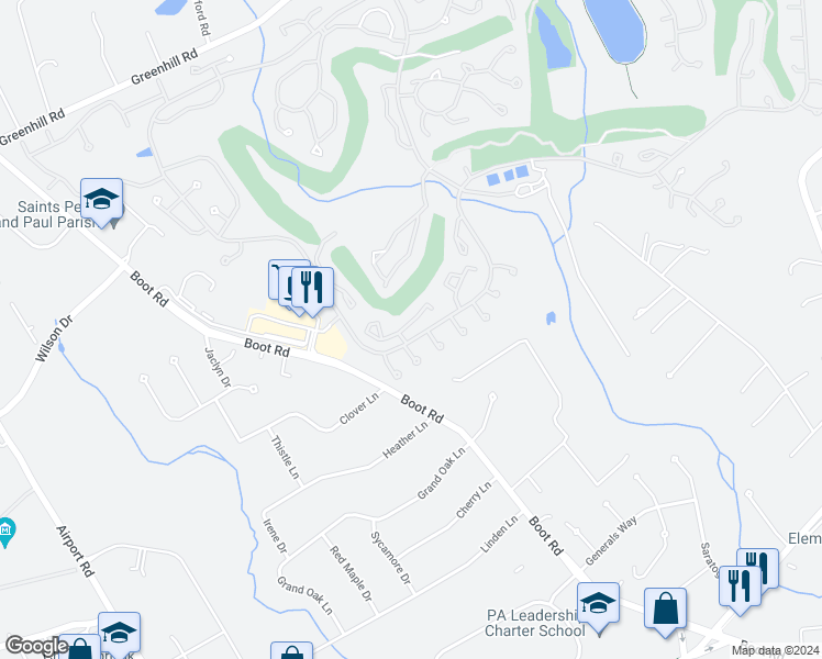 map of restaurants, bars, coffee shops, grocery stores, and more near 1327 Robynwood Lane in West Chester