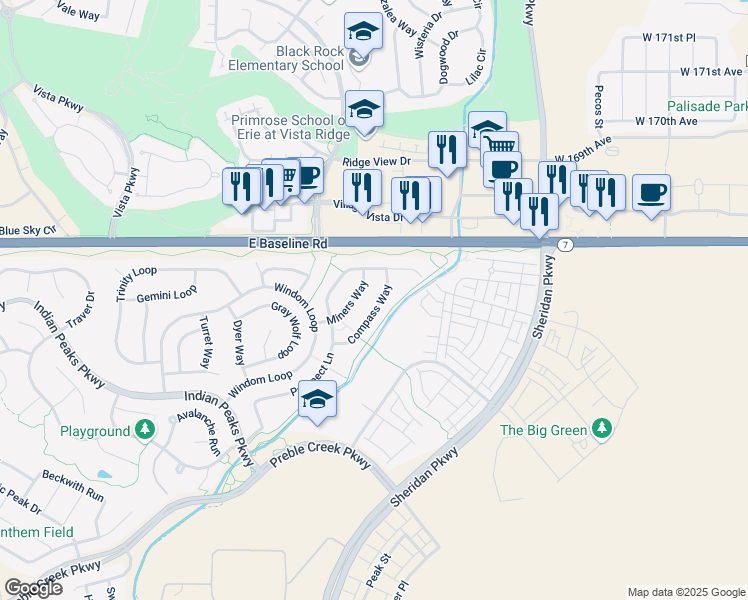 map of restaurants, bars, coffee shops, grocery stores, and more near 16737 Compass Way in Broomfield