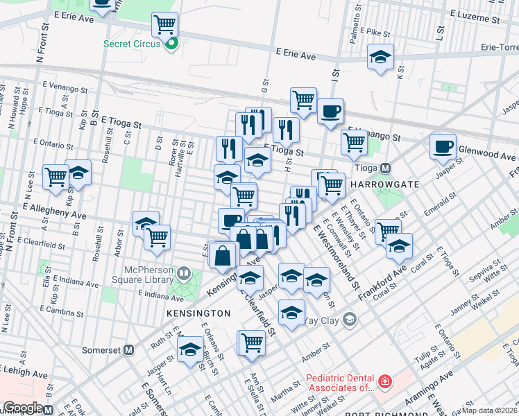 map of restaurants, bars, coffee shops, grocery stores, and more near 829 East Westmoreland Street in Philadelphia