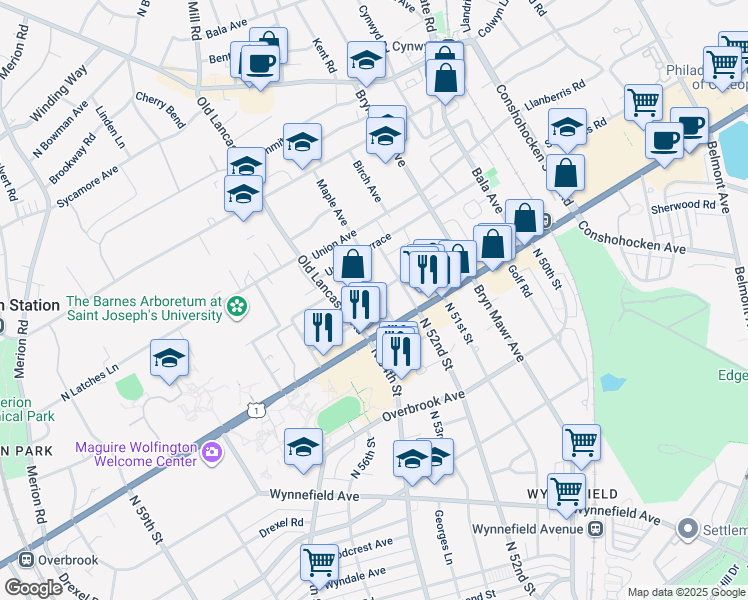 map of restaurants, bars, coffee shops, grocery stores, and more near 152 Edgehill Road in Bala Cynwyd