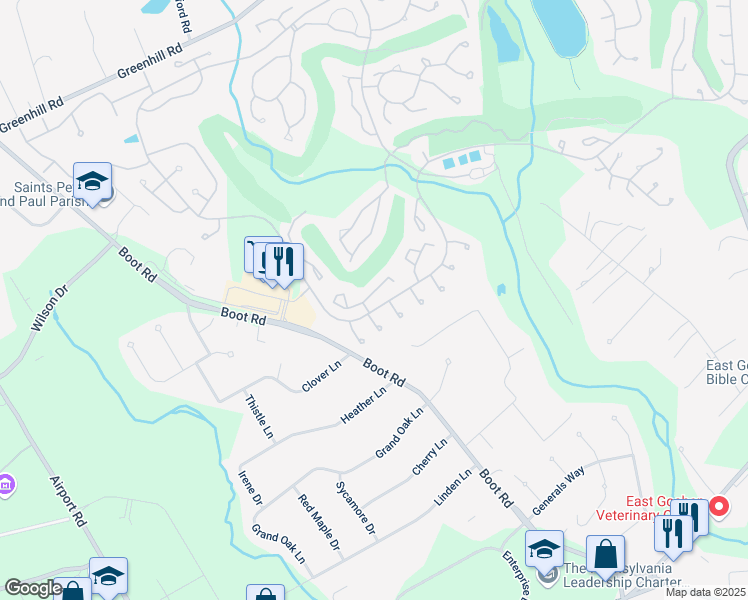 map of restaurants, bars, coffee shops, grocery stores, and more near 1327 Robynwood Lane in West Chester