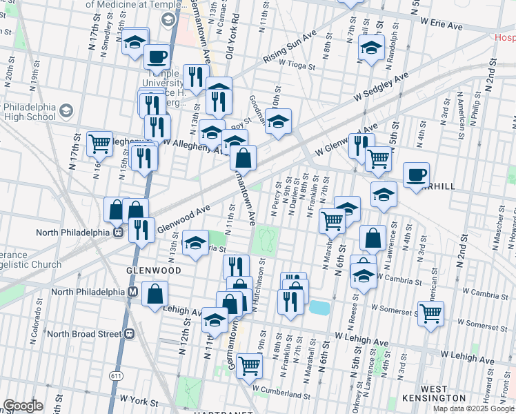 map of restaurants, bars, coffee shops, grocery stores, and more near 3040 North 10th Street in Philadelphia