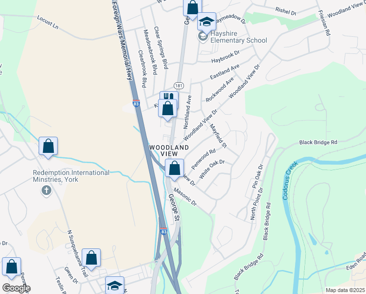 map of restaurants, bars, coffee shops, grocery stores, and more near 32 Woodland View Drive in York