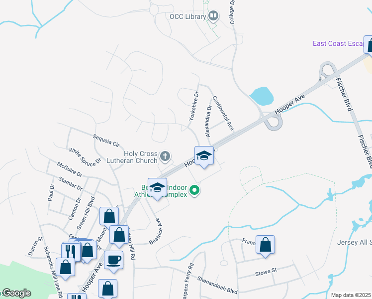 map of restaurants, bars, coffee shops, grocery stores, and more near 1510 Hooper Avenue in Toms River