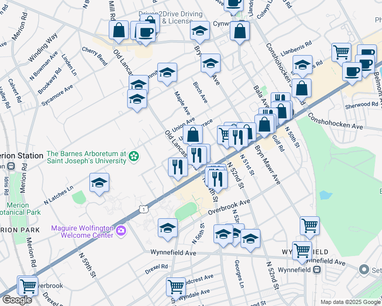 map of restaurants, bars, coffee shops, grocery stores, and more near 25 Old Lancaster Road in Bala Cynwyd