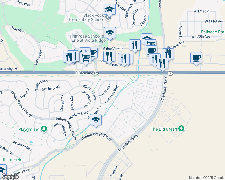 map of restaurants, bars, coffee shops, grocery stores, and more near 16737 Compass Way in Broomfield