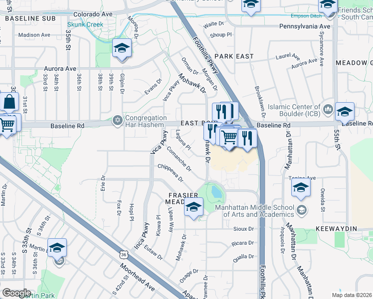 map of restaurants, bars, coffee shops, grocery stores, and more near 4475 Laguna Place in Boulder