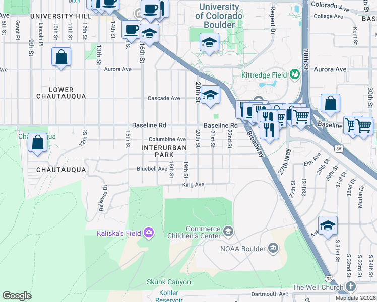 map of restaurants, bars, coffee shops, grocery stores, and more near 1904 Columbine Avenue in Boulder