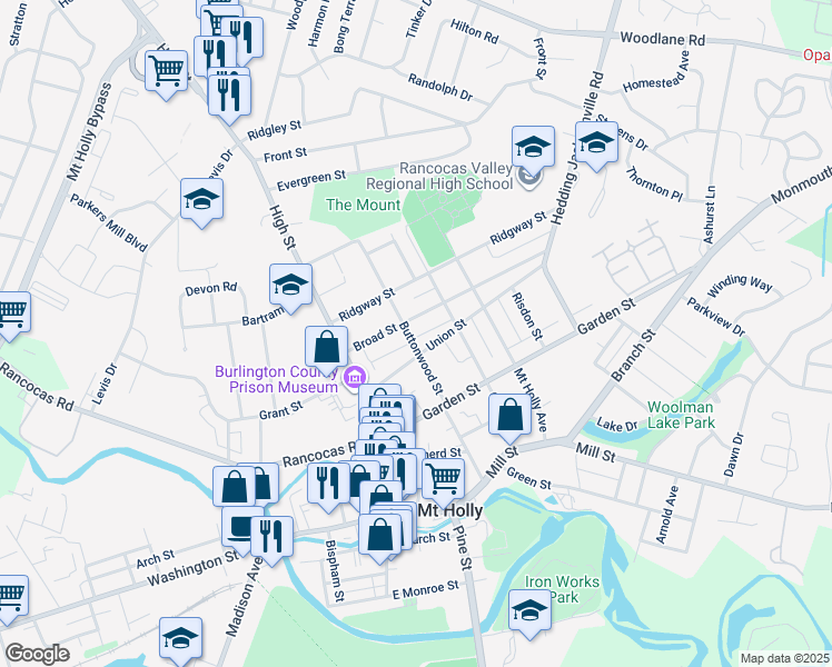 map of restaurants, bars, coffee shops, grocery stores, and more near 103 Broad Street in Mount Holly