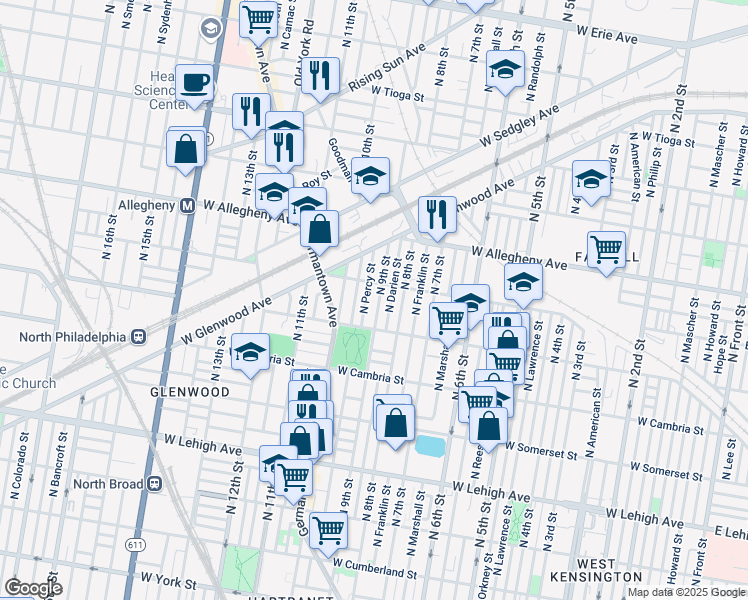 map of restaurants, bars, coffee shops, grocery stores, and more near 3068 North Percy Street in Philadelphia