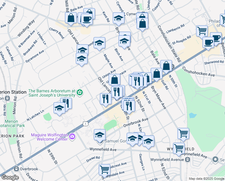 map of restaurants, bars, coffee shops, grocery stores, and more near 33 Old Lancaster Road in Bala Cynwyd