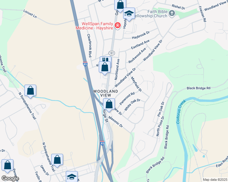 map of restaurants, bars, coffee shops, grocery stores, and more near 32 Woodland View Drive in York