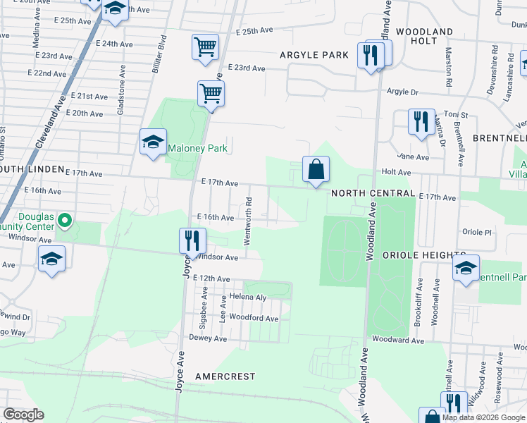 map of restaurants, bars, coffee shops, grocery stores, and more near 1558 Wentworth Road in Columbus
