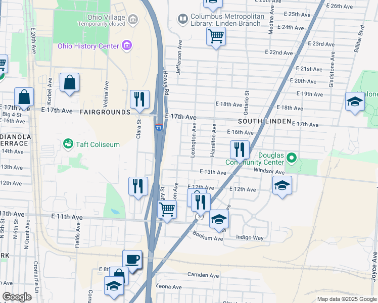 map of restaurants, bars, coffee shops, grocery stores, and more near 968 East 15th Avenue in Columbus