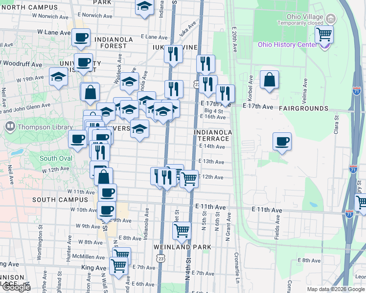map of restaurants, bars, coffee shops, grocery stores, and more near 1749 North 4th Street in Columbus