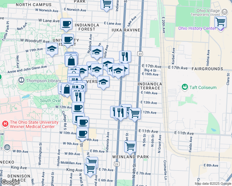 map of restaurants, bars, coffee shops, grocery stores, and more near 194 East 14th Avenue in Columbus