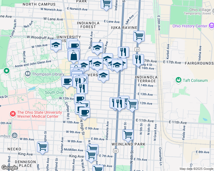 map of restaurants, bars, coffee shops, grocery stores, and more near 194 East 14th Avenue in Columbus