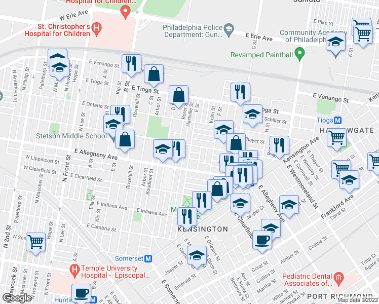 map of restaurants, bars, coffee shops, grocery stores, and more near E Willard St & E St in Philadelphia