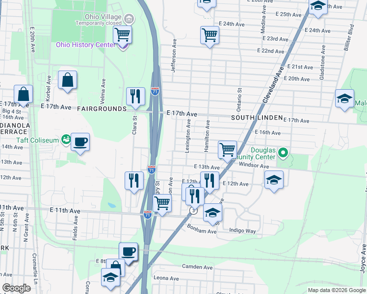 map of restaurants, bars, coffee shops, grocery stores, and more near 968 East 15th Avenue in Columbus