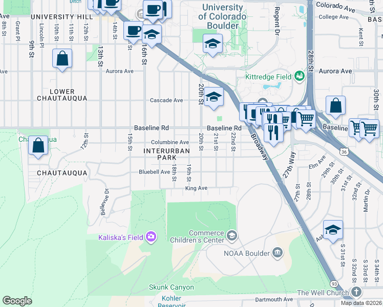 map of restaurants, bars, coffee shops, grocery stores, and more near 1904 Columbine Avenue in Boulder