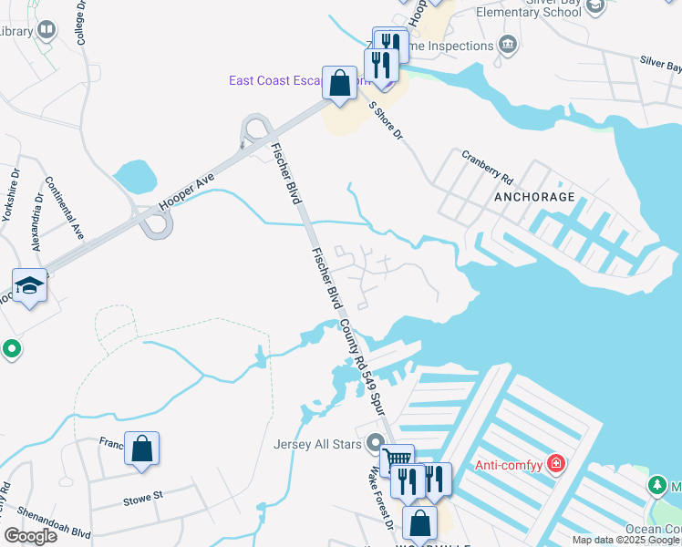 map of restaurants, bars, coffee shops, grocery stores, and more near 1517 Waters Edge Drive in Toms River