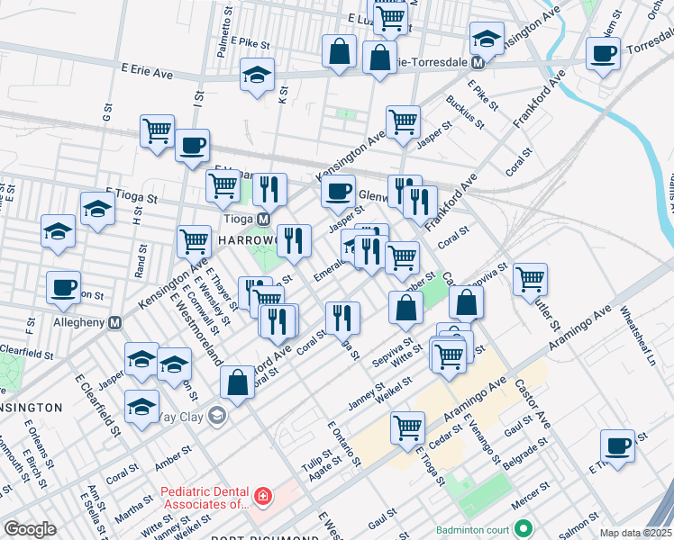 map of restaurants, bars, coffee shops, grocery stores, and more near 3547 Emerald Street in Philadelphia