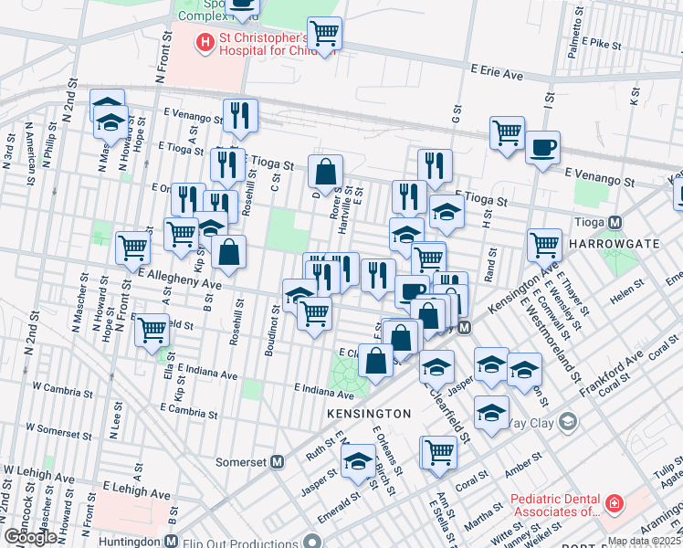 map of restaurants, bars, coffee shops, grocery stores, and more near 3240 E Street in Philadelphia