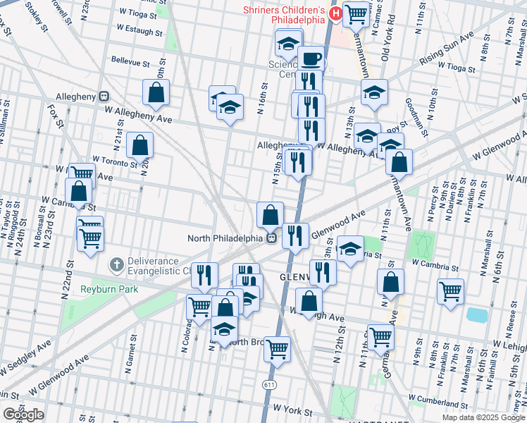 map of restaurants, bars, coffee shops, grocery stores, and more near 2950 North Hicks Street in Philadelphia