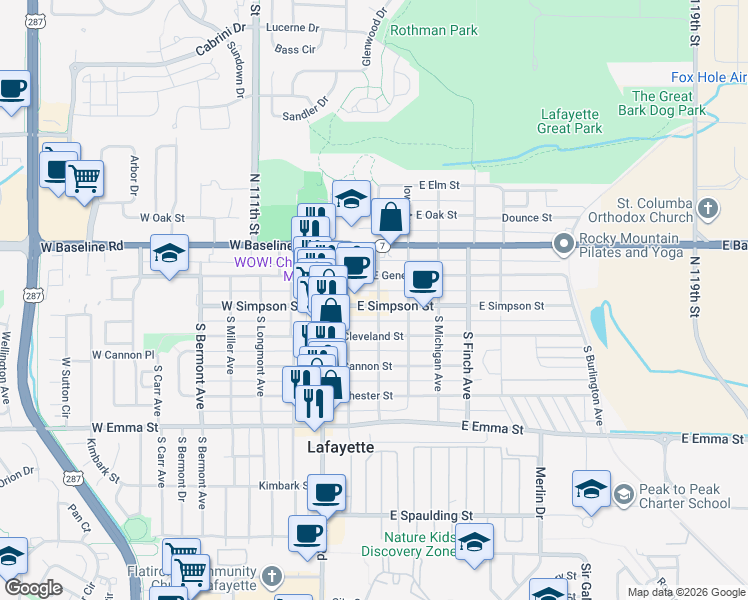 map of restaurants, bars, coffee shops, grocery stores, and more near 208 East Geneseo Street in Lafayette