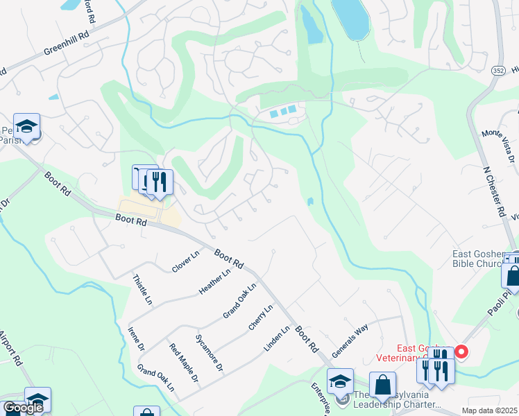 map of restaurants, bars, coffee shops, grocery stores, and more near 1474 Quaker Ridge in West Chester