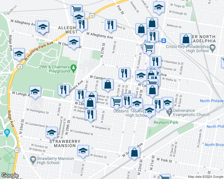 map of restaurants, bars, coffee shops, grocery stores, and more near 2821 North Bambrey Street in Philadelphia