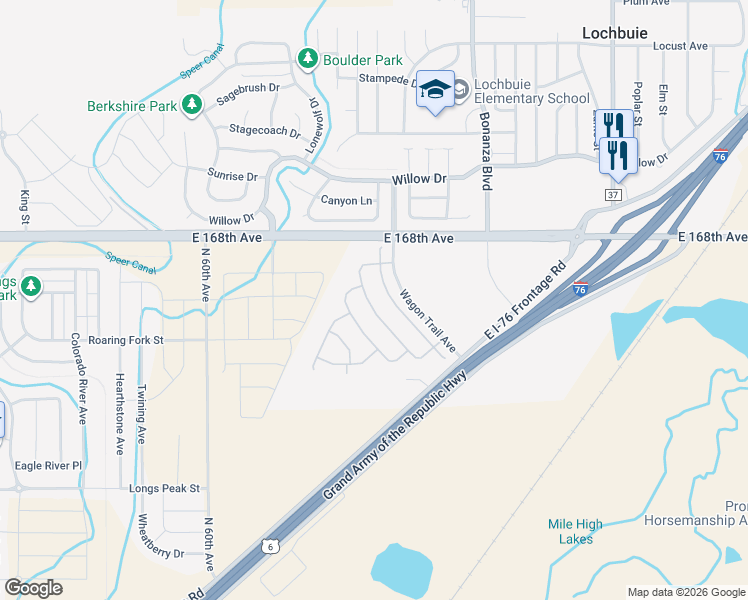 map of restaurants, bars, coffee shops, grocery stores, and more near 40 Meadowlark Circle in Lochbuie