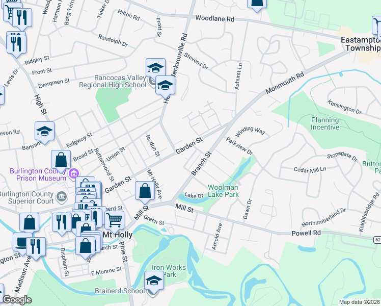 map of restaurants, bars, coffee shops, grocery stores, and more near 84 Walnut Street in Mount Holly