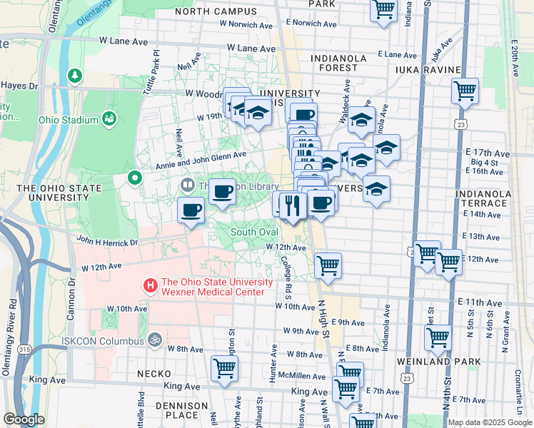 map of restaurants, bars, coffee shops, grocery stores, and more near 1775 College Road South in Columbus