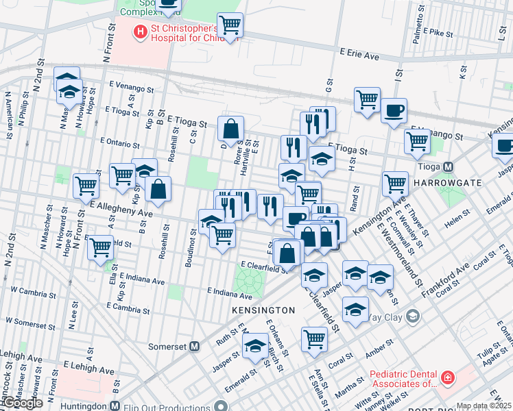 map of restaurants, bars, coffee shops, grocery stores, and more near 621 East Willard Street in Philadelphia