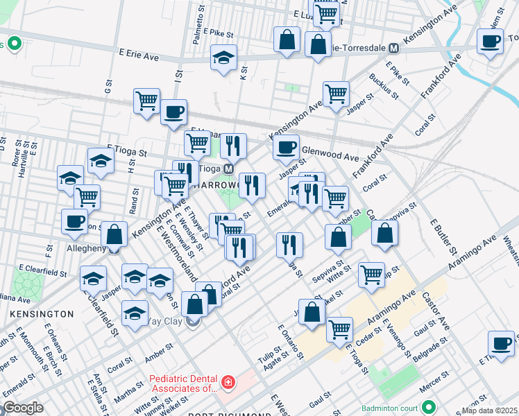 map of restaurants, bars, coffee shops, grocery stores, and more near 1927 East Tioga Street in Philadelphia