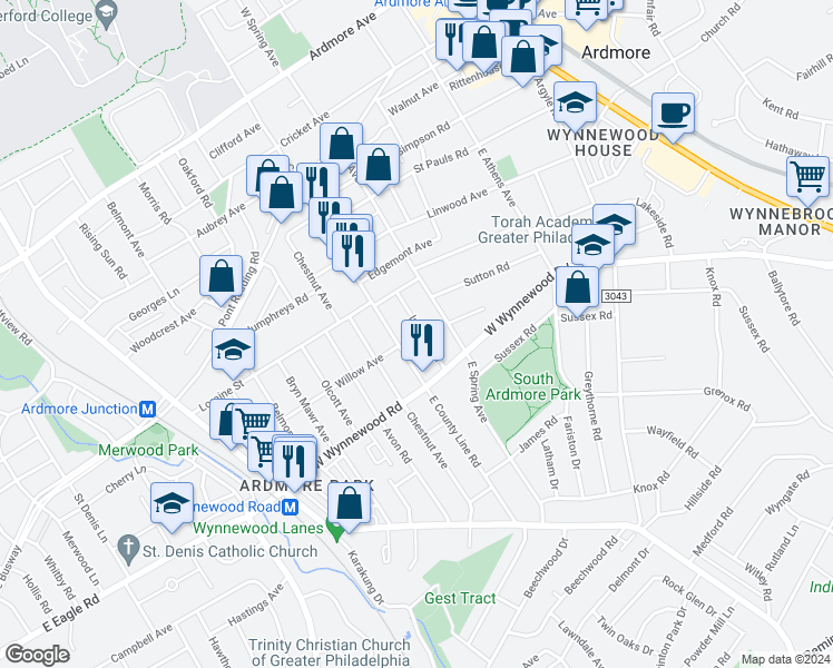 map of restaurants, bars, coffee shops, grocery stores, and more near 336 Inwood Road in Ardmore