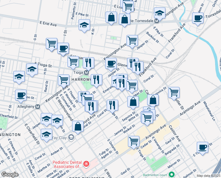 map of restaurants, bars, coffee shops, grocery stores, and more near 3547 Emerald Street in Philadelphia