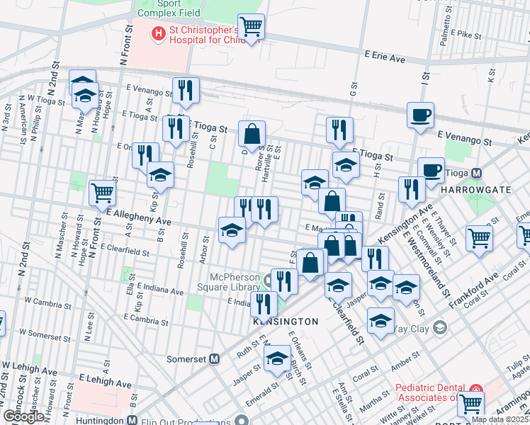 map of restaurants, bars, coffee shops, grocery stores, and more near 3240 E Street in Philadelphia