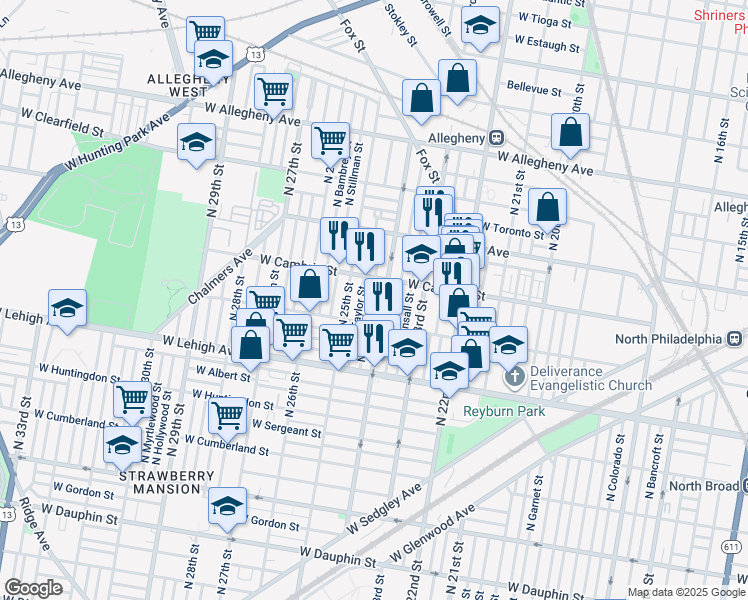 map of restaurants, bars, coffee shops, grocery stores, and more near 2835 North Ringgold Street in Philadelphia
