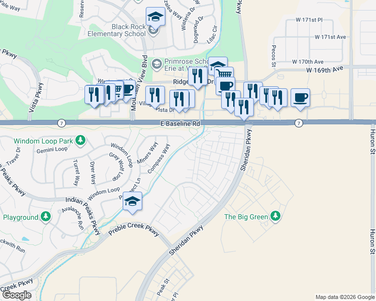 map of restaurants, bars, coffee shops, grocery stores, and more near 2218 Prospect Lane in Broomfield