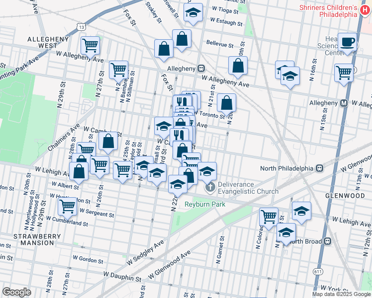 map of restaurants, bars, coffee shops, grocery stores, and more near 2861 North 22nd Street in Philadelphia