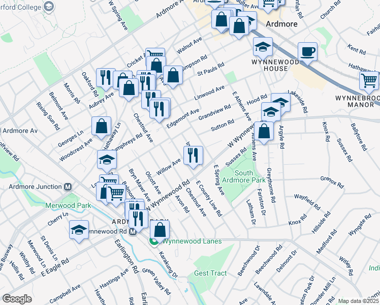 map of restaurants, bars, coffee shops, grocery stores, and more near 336 Inwood Road in Ardmore