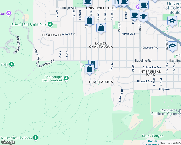 map of restaurants, bars, coffee shops, grocery stores, and more near 102 Chautauqua Trail in Boulder